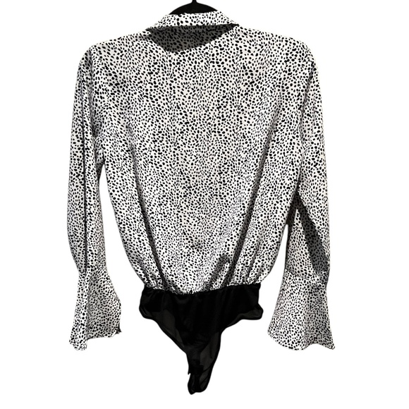 Always Lovely Ivory and Black Print Long Sleeve Bodysuit XS - Picture 6 of 11